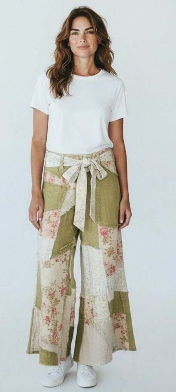 New Oli & Hali Green Floral Patchwork Wide Leg Pants with Tie Belt